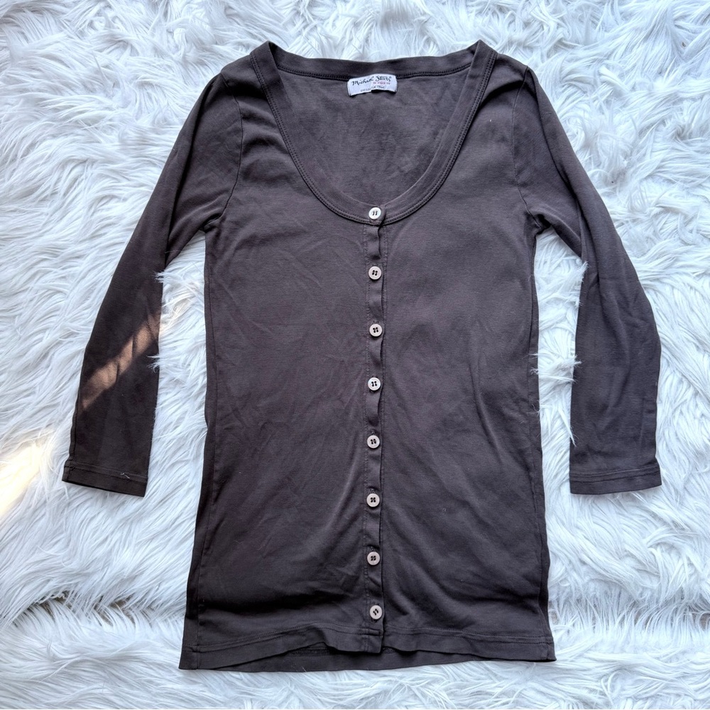 VTG Y2K Michael Stars Supima Cotton Button Up Henley Tee Shirt Top Brown OSFM